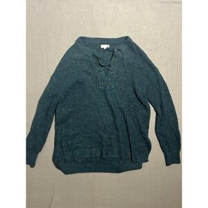 SO Women's Teal Ribbed Knit Lace-Up Sweater Size Small S Long Sleeve Pullover